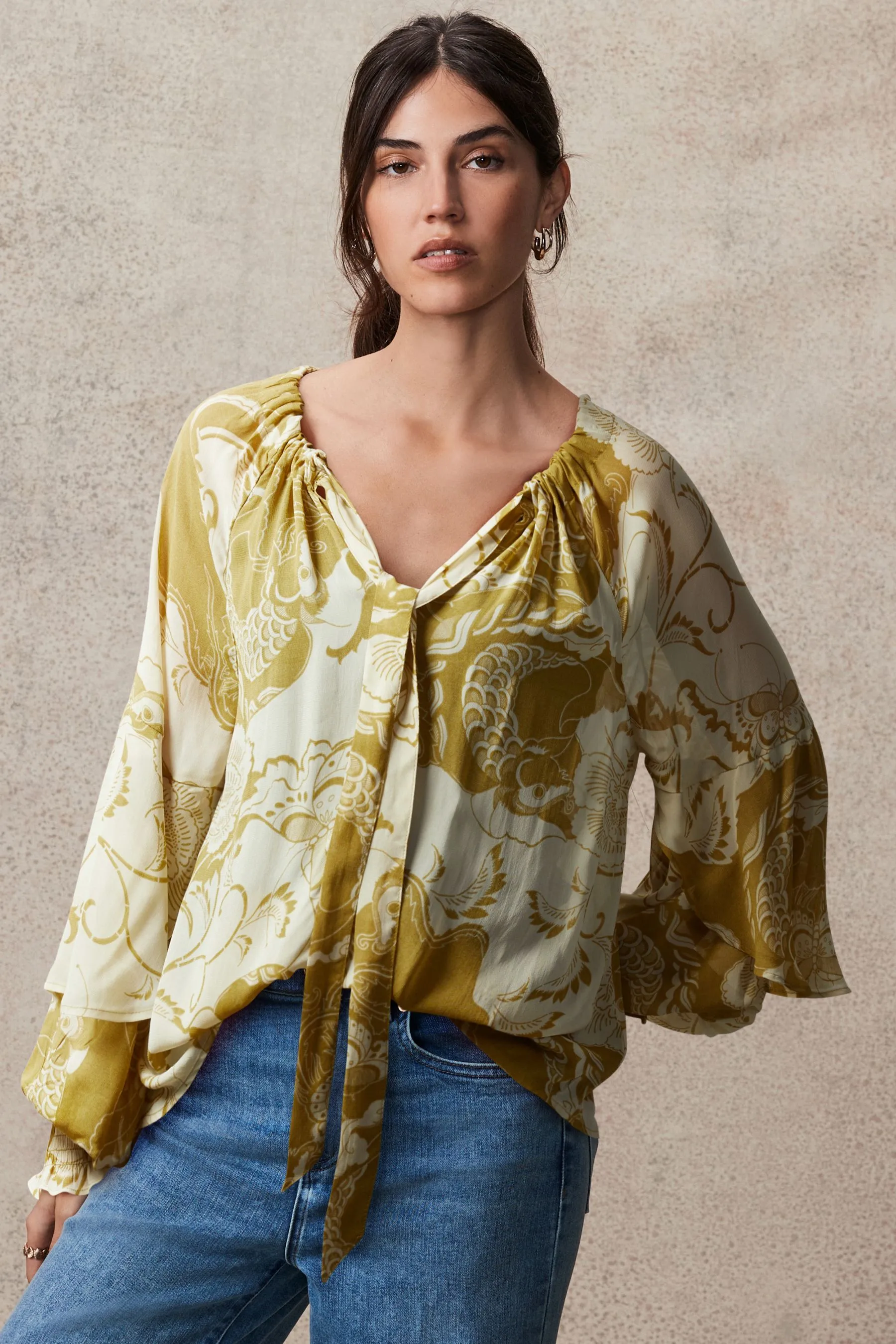 Gathered Tie Neck Volume Sleeve Blouse    