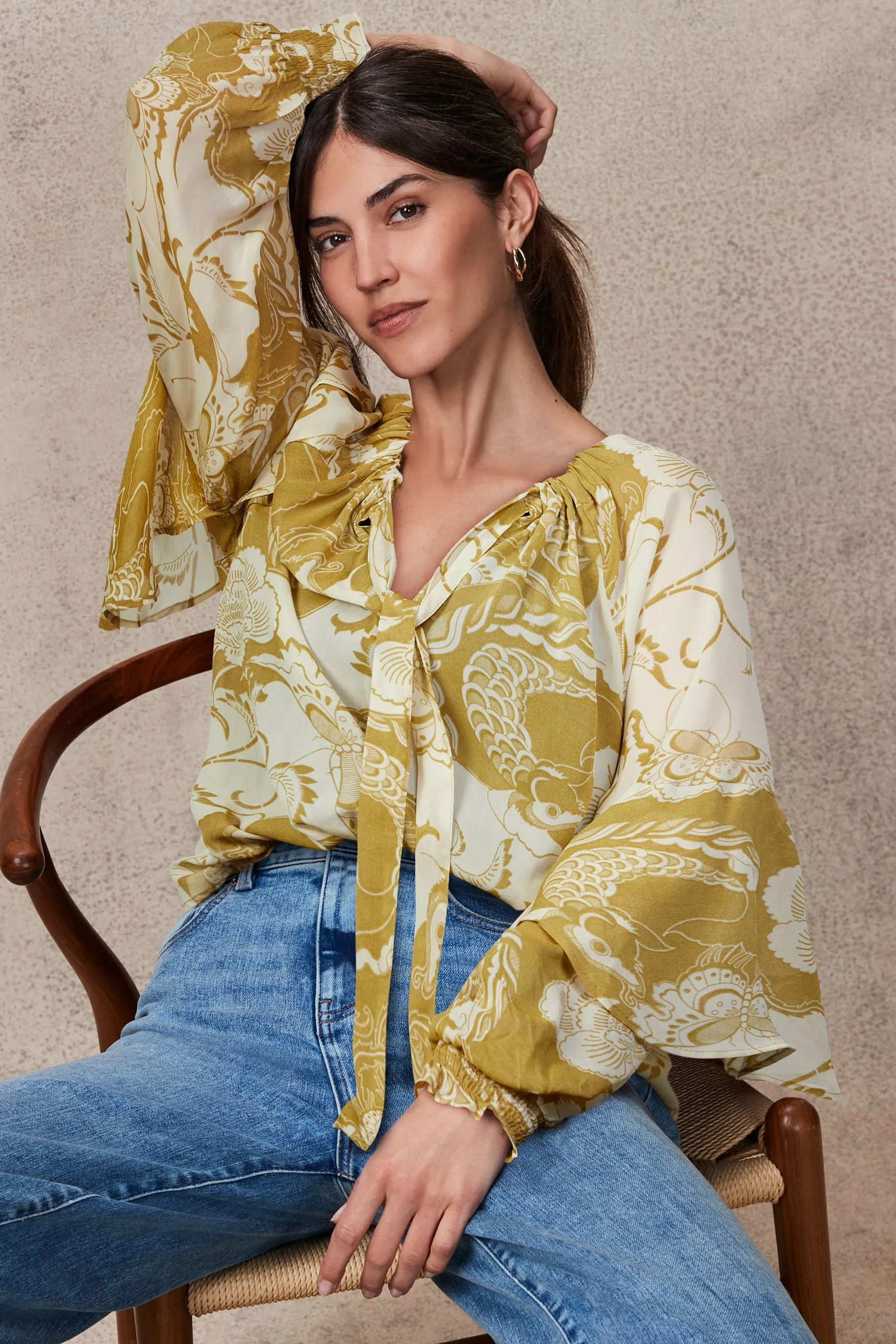 Gathered Tie Neck Volume Sleeve Blouse    