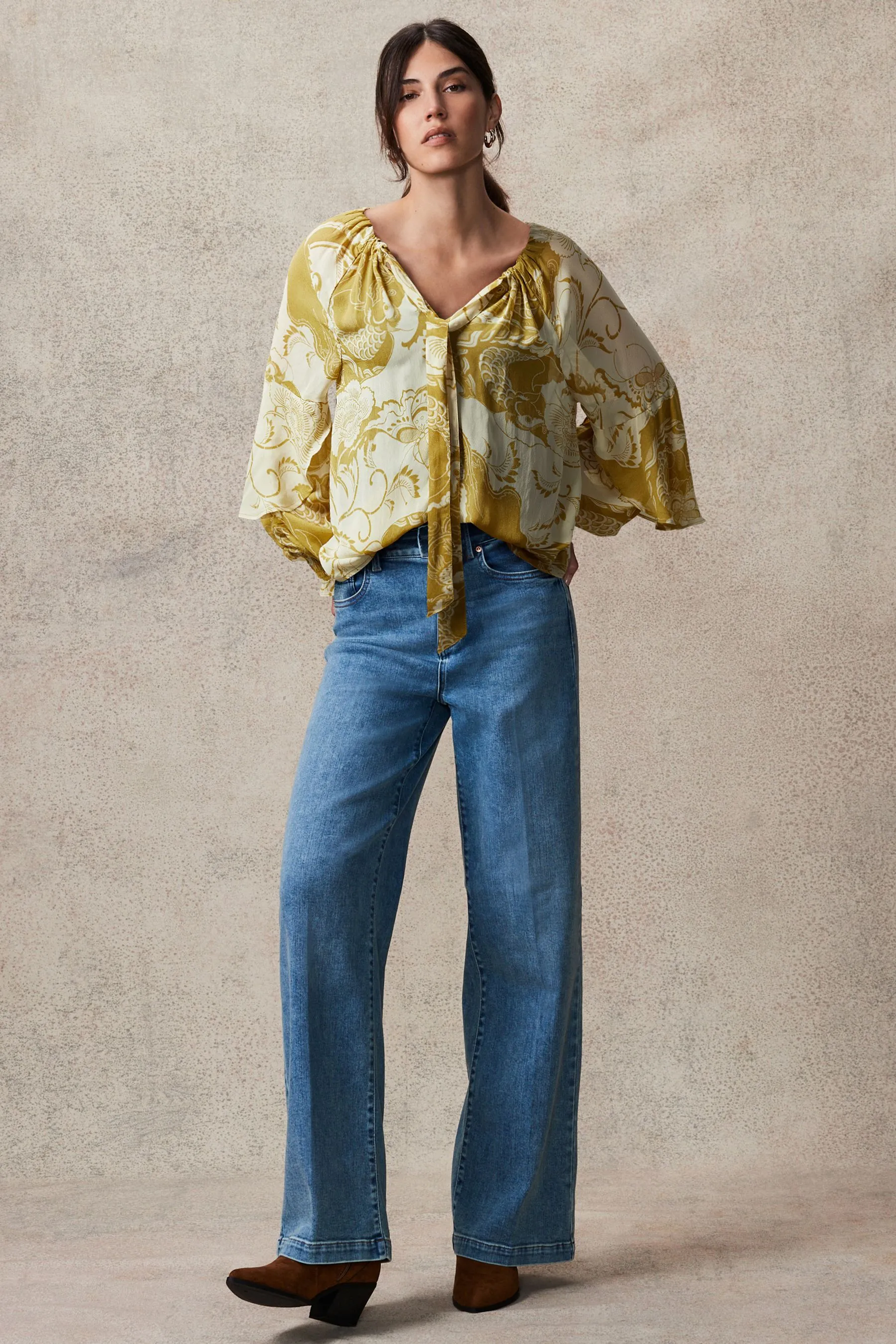 Gathered Tie Neck Volume Sleeve Blouse    