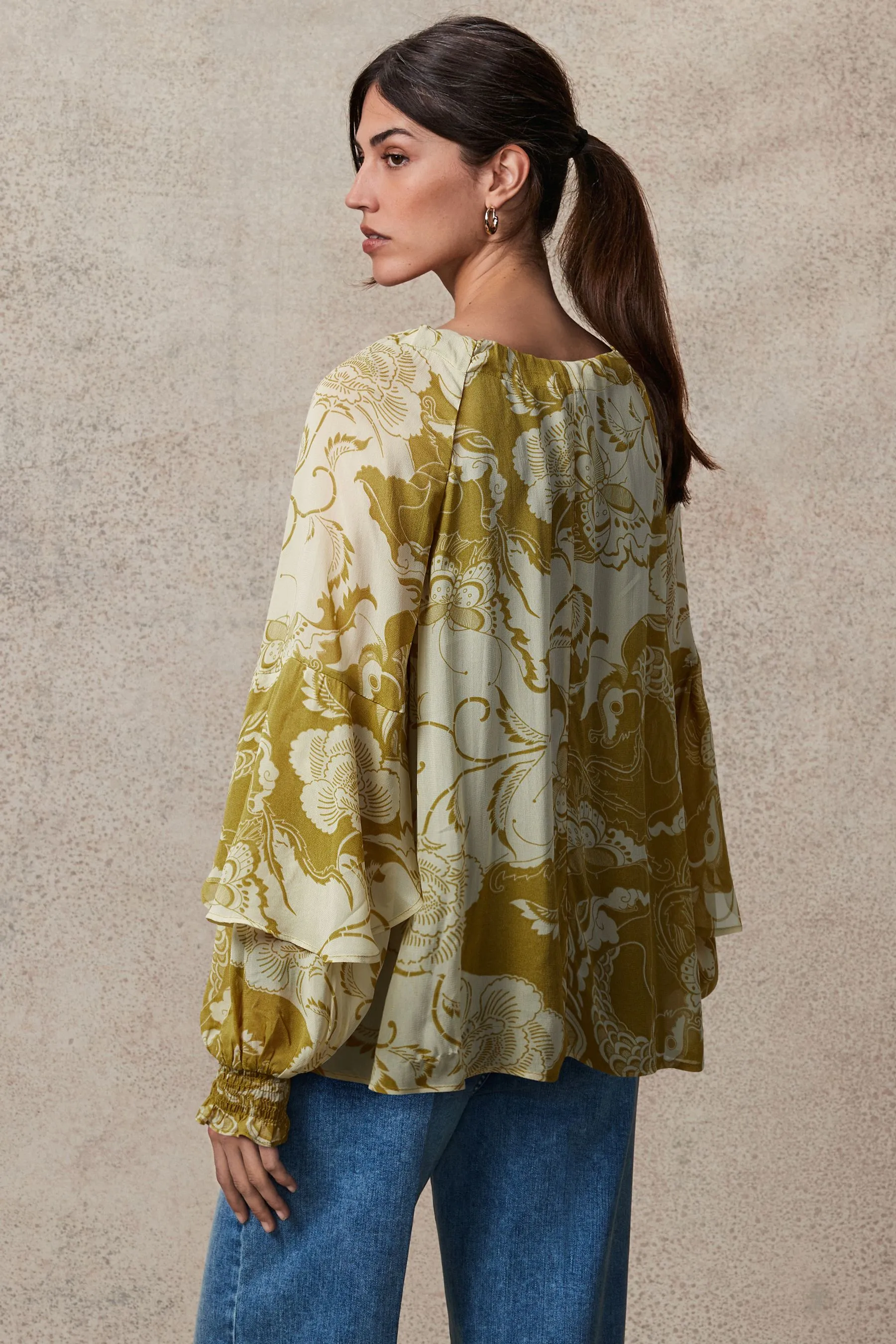 Gathered Tie Neck Volume Sleeve Blouse    