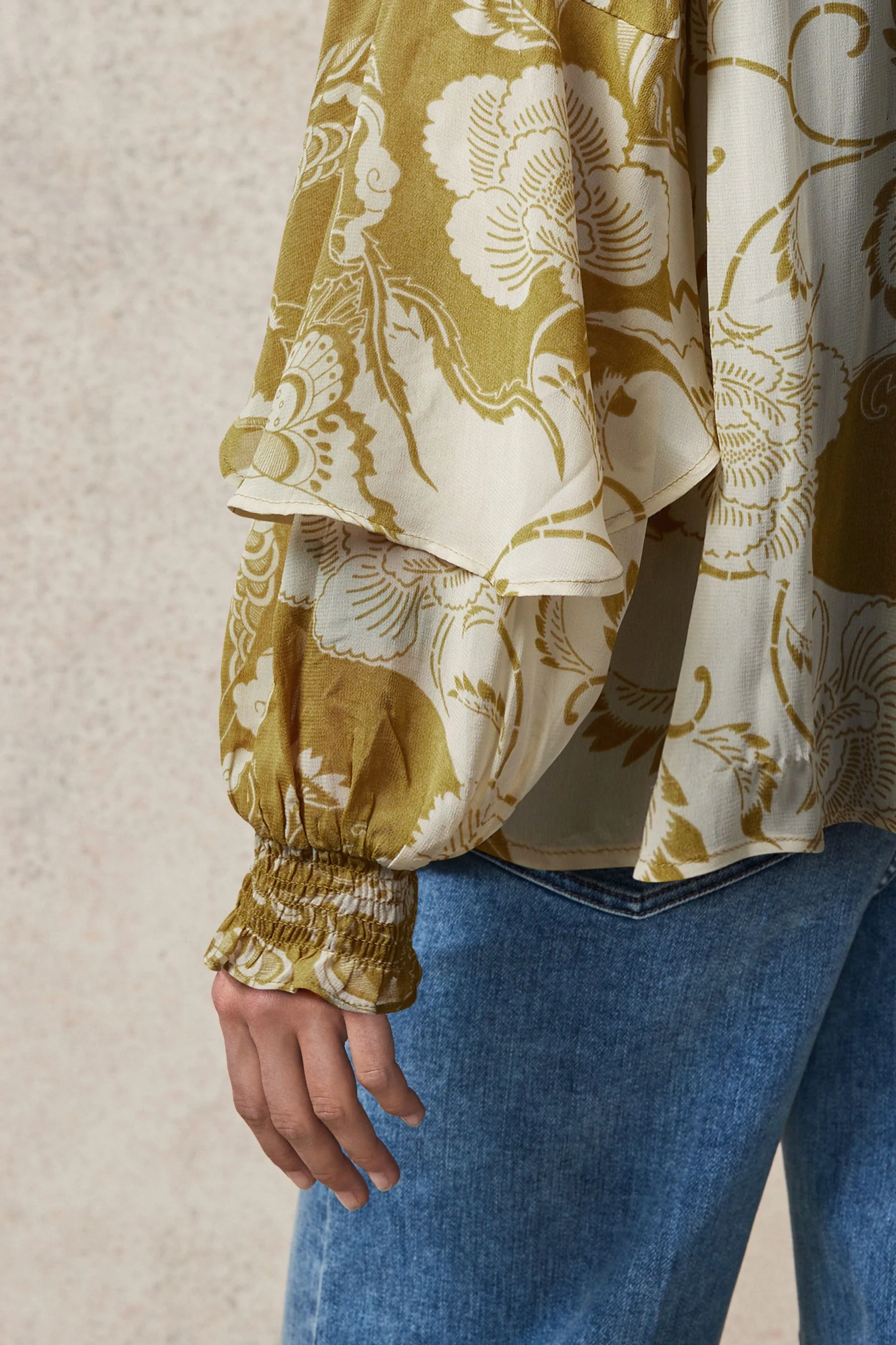 Gathered Tie Neck Volume Sleeve Blouse    