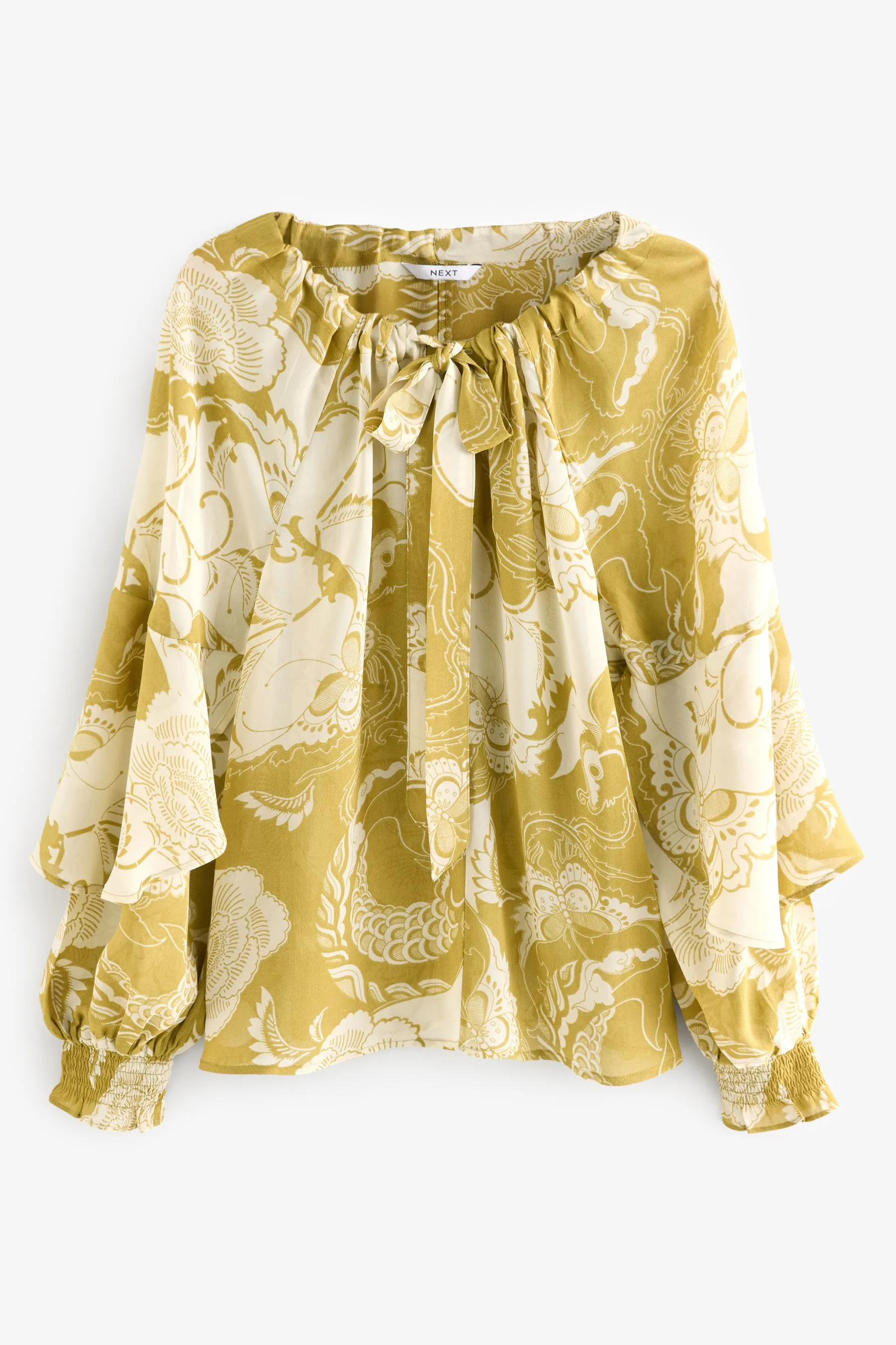 Gathered Tie Neck Volume Sleeve Blouse    