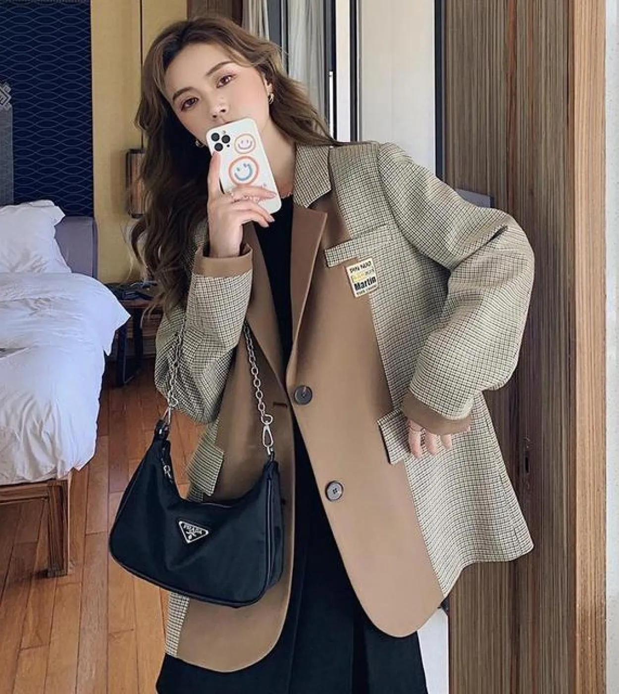 Nuove donne stile primavera autunno allentate casual manica lunga collo con intaglio blazer plaid patchwork cappotto monopetto W