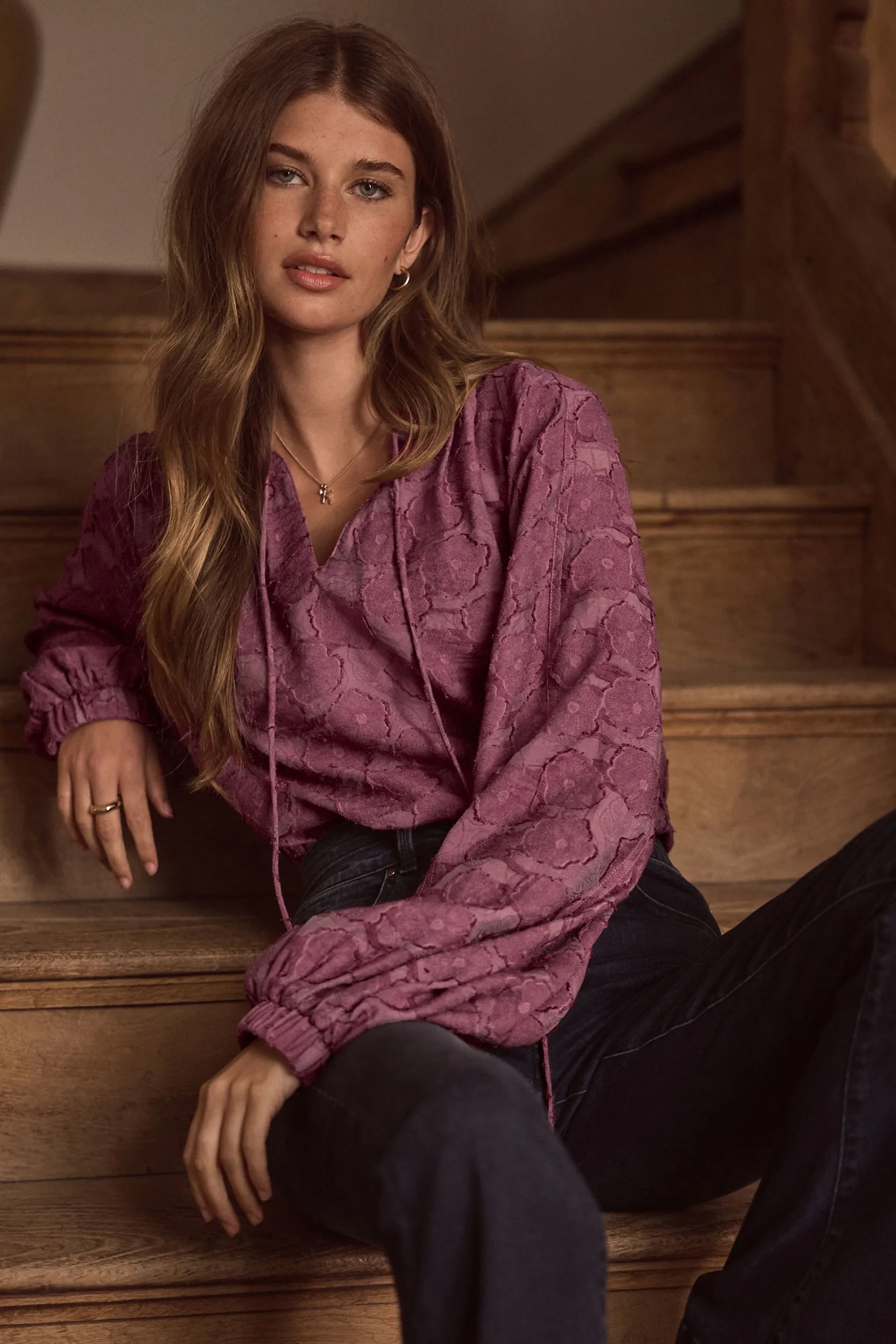 Premium Tie Neck Long Sleeve Jacquard Blouse    