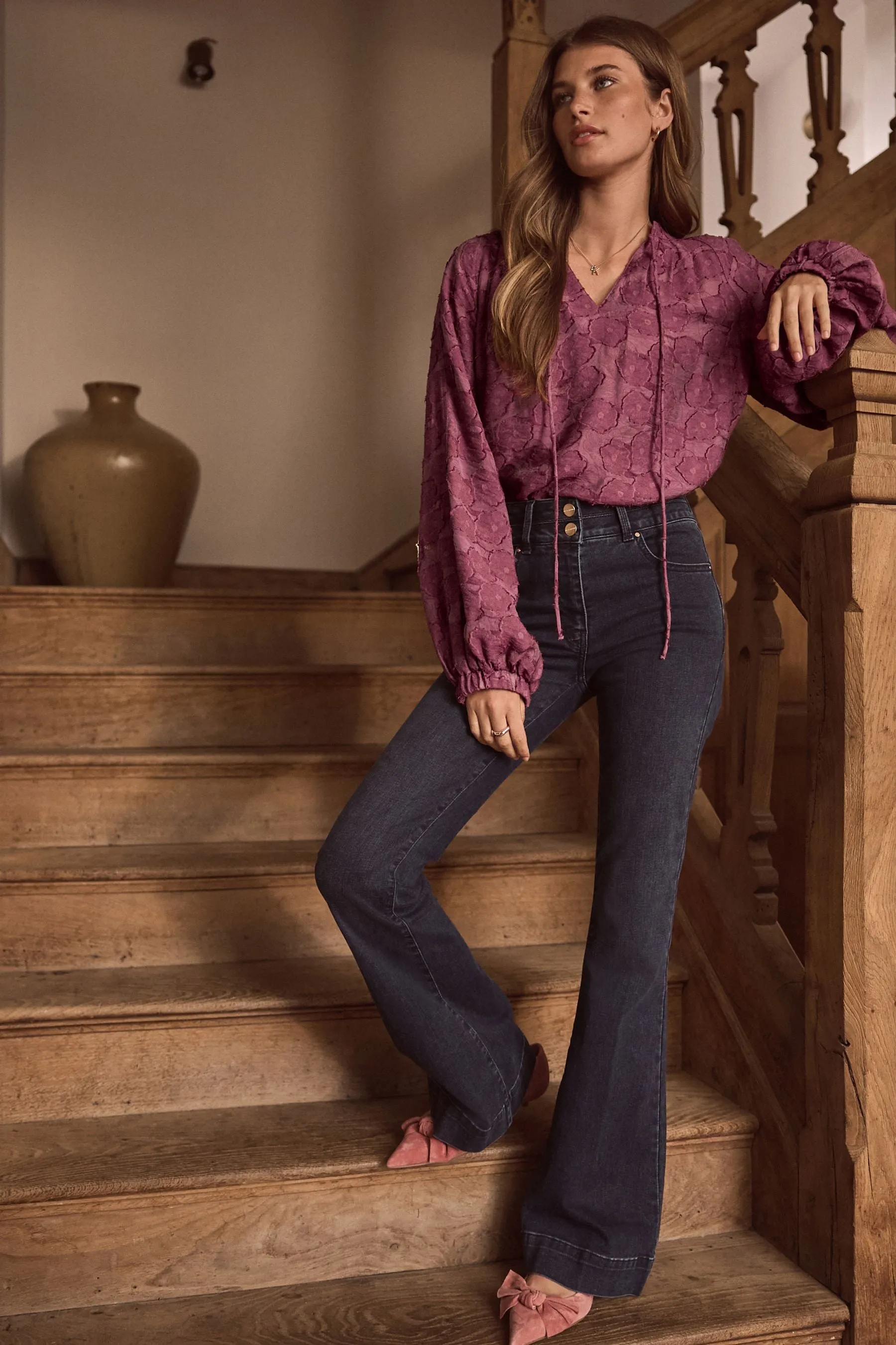 Premium Tie Neck Long Sleeve Jacquard Blouse    