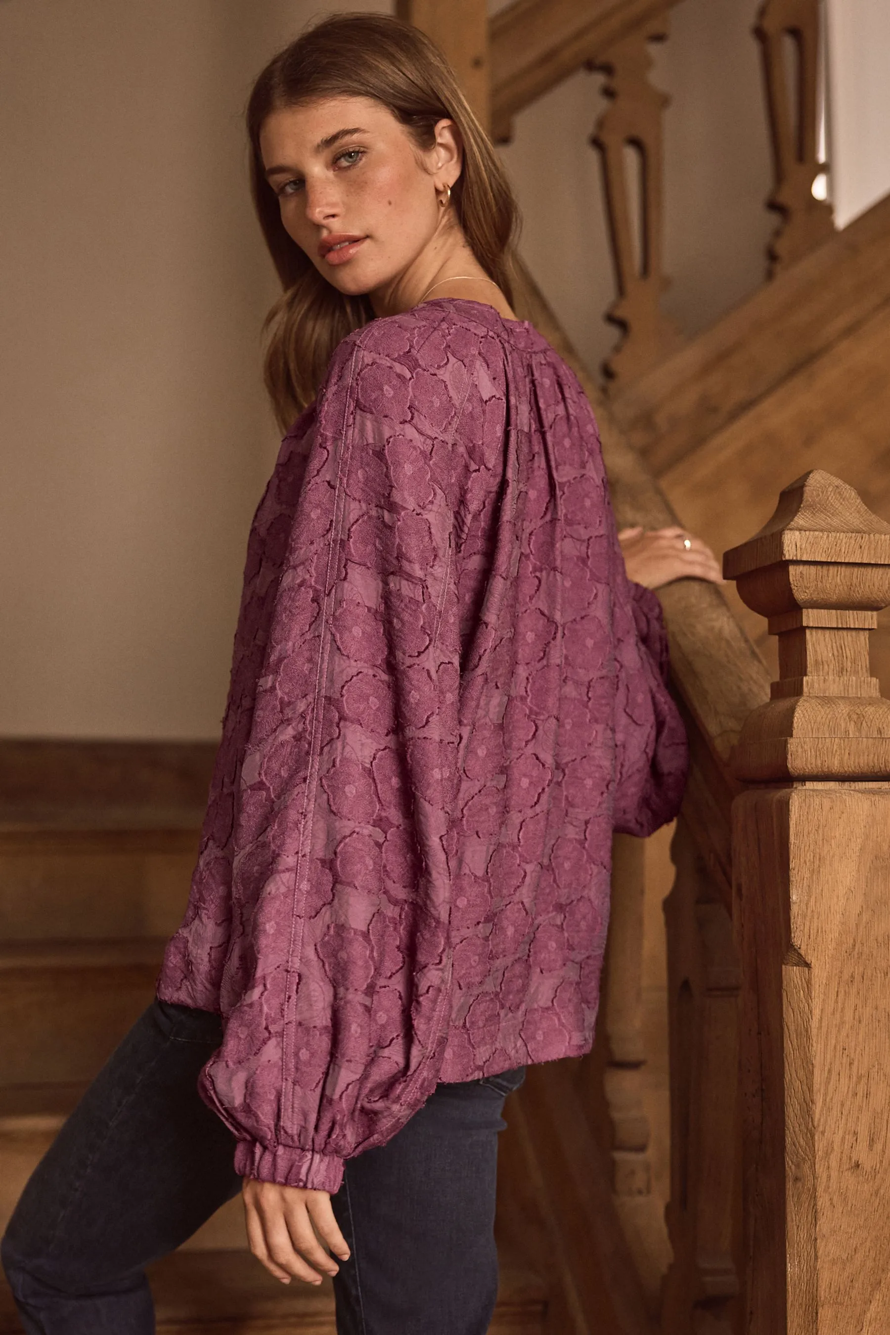 Premium Tie Neck Long Sleeve Jacquard Blouse    