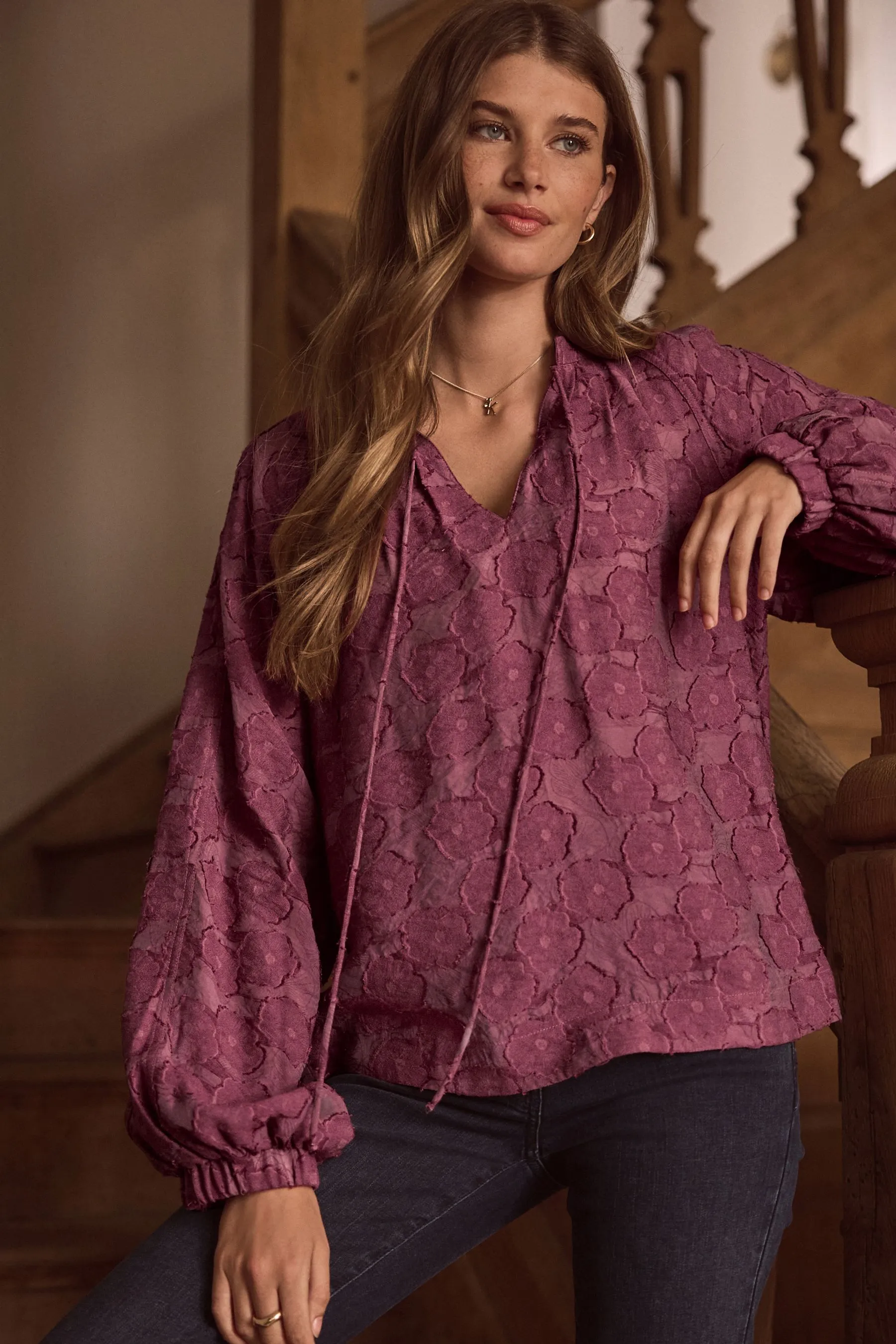Premium Tie Neck Long Sleeve Jacquard Blouse    