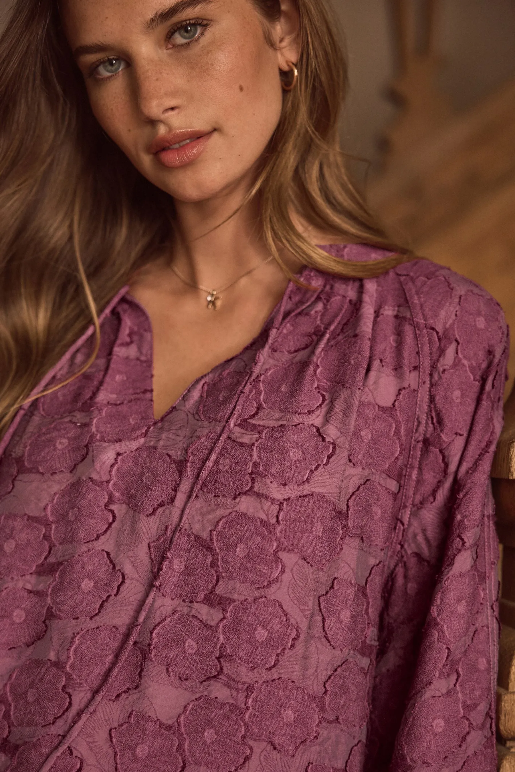 Premium Tie Neck Long Sleeve Jacquard Blouse    