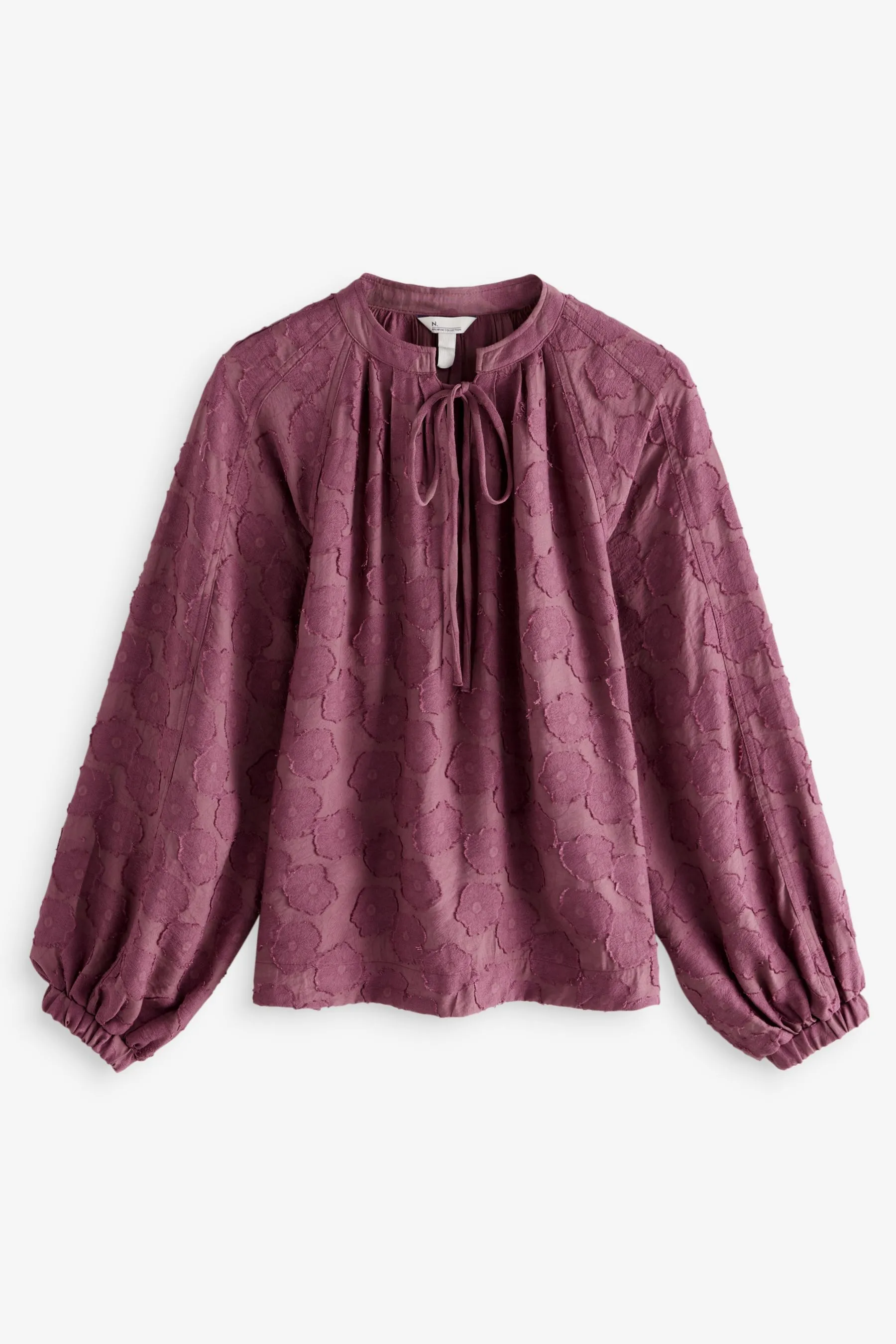 Premium Tie Neck Long Sleeve Jacquard Blouse    